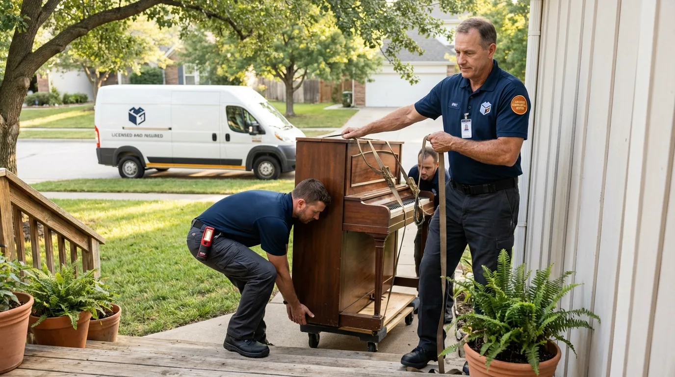 Licensed piano movers securing grand piano in Montague, MI