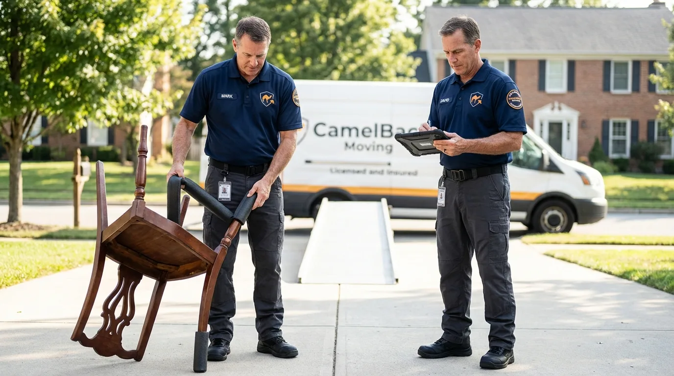 Movers inspecting furniture for damage prevention before loading in Montague, MI