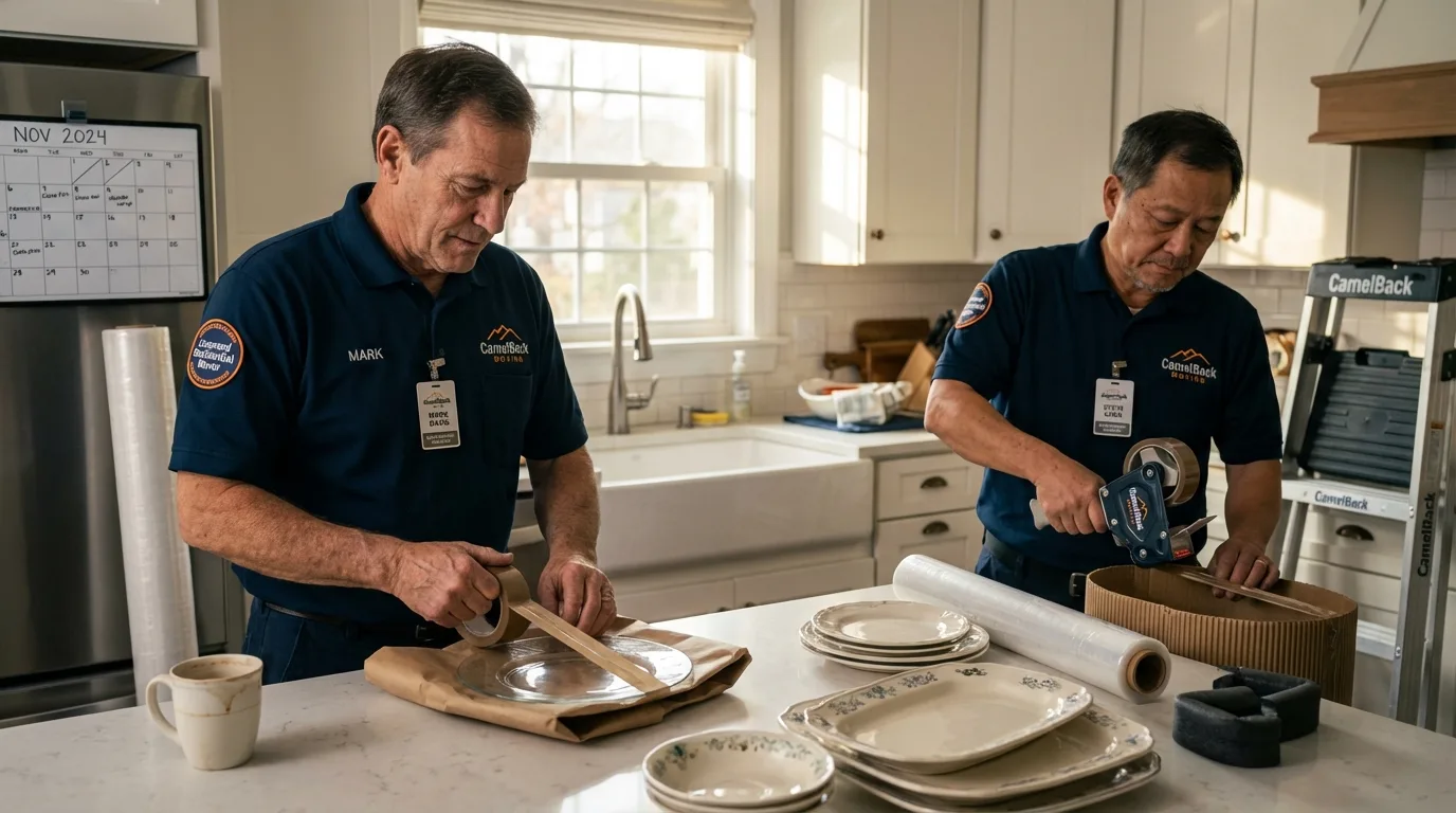 Professional crew packing kitchen dishware in Montague, MI